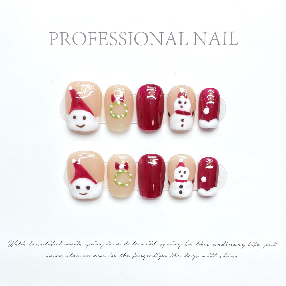 1132 Christmas style press on nails 100% handmade false nails red nude color