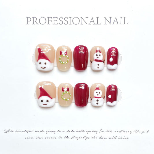 1132 Christmas style press on nails 100% handmade false nails red nude color