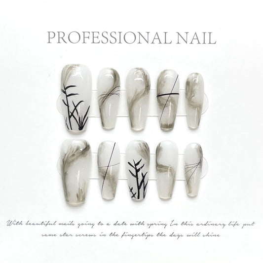 988 Chinese style press on nails 100% handmade false nails gray white