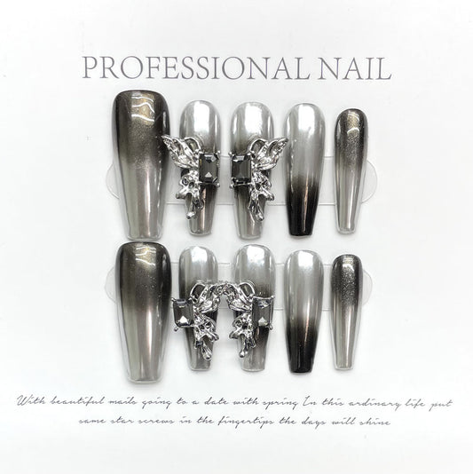 1127 Black butterfly style press on nails 100% handmade false nails sliver