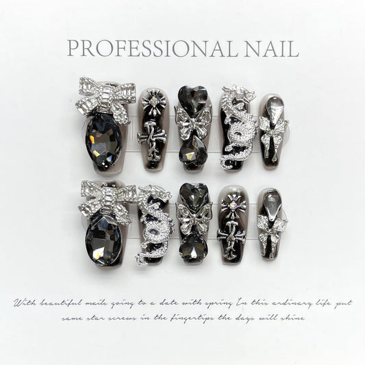 1038 Black style press on nails 100% handmade false nails black sliver