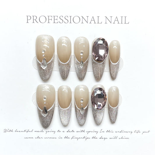 1149 French Cat's Eye Rhinestone Effect press on nails 100% handmade false nails sliver nude