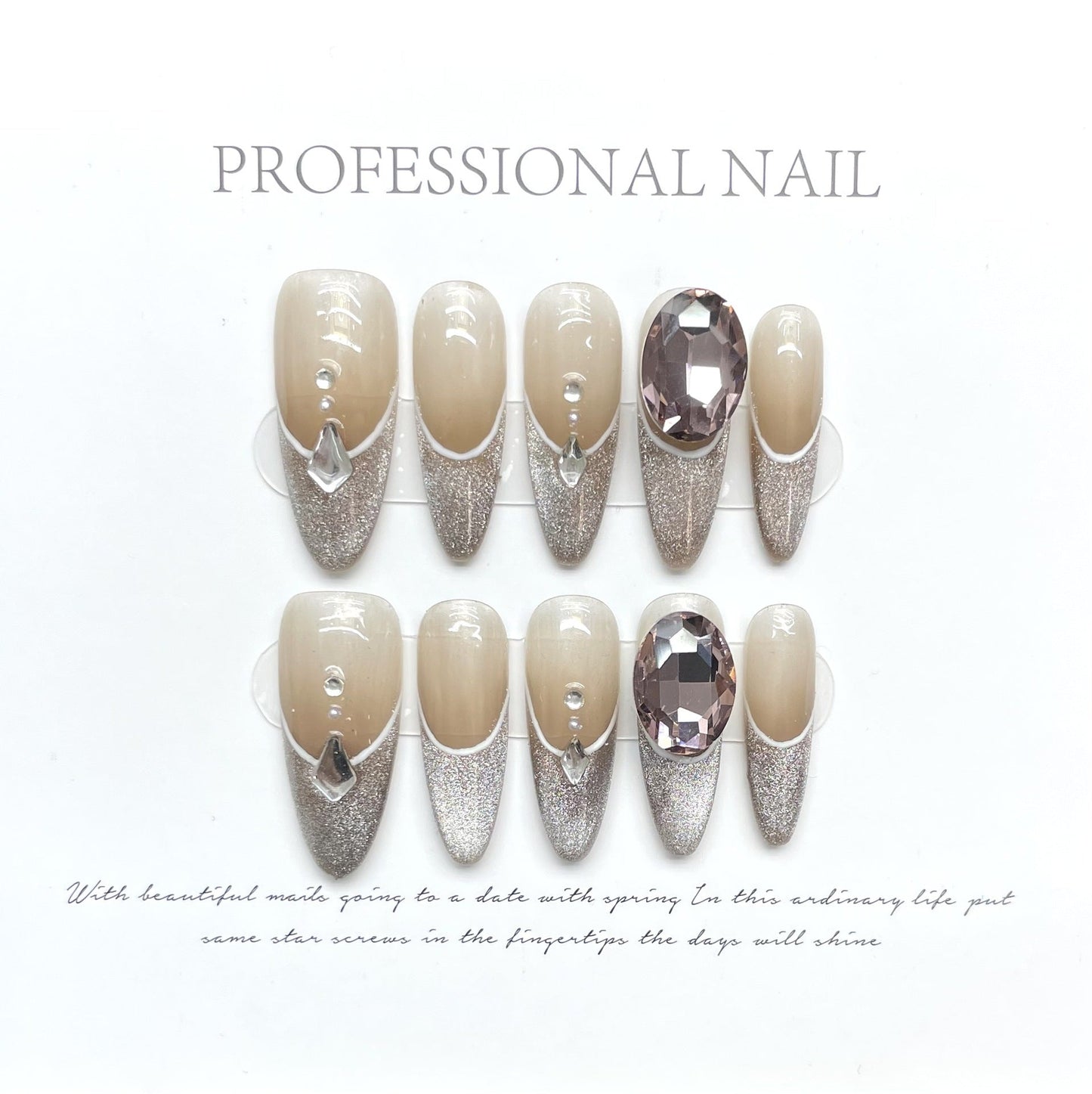 1149 French Cat's Eye Rhinestone Effect press on nails 100% handmade false nails sliver nude