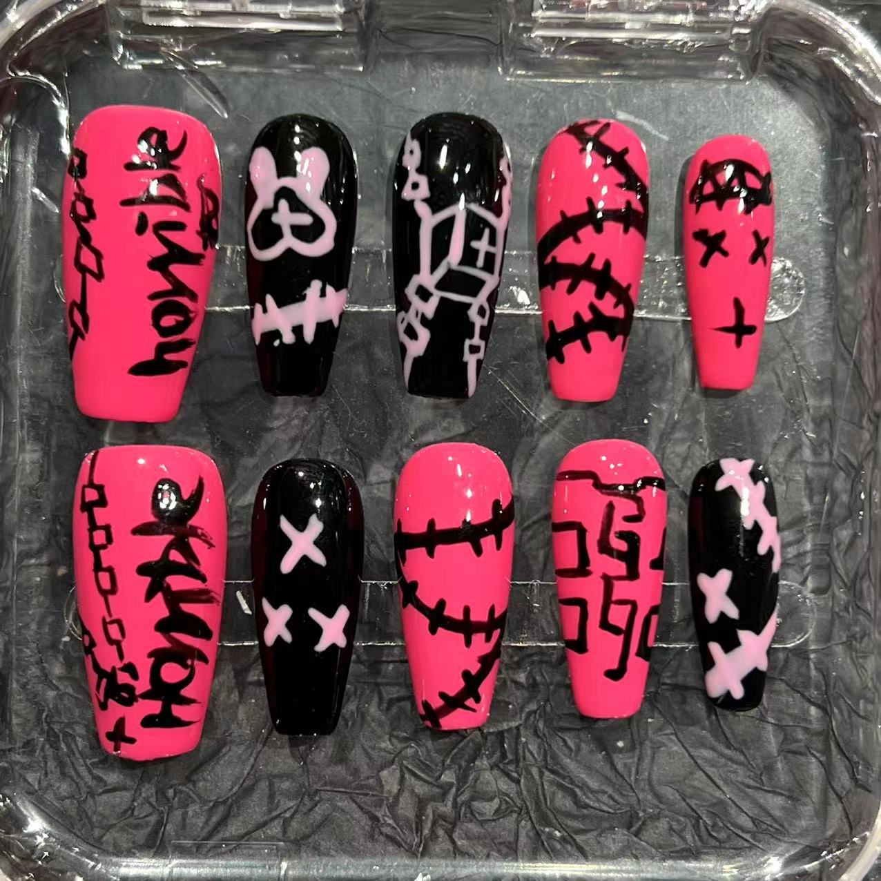 Spice Girl graffiti black powder contrasting colors pure hand-painted wearing nail pads advanced sense summer pure handmade nail patches cross-border