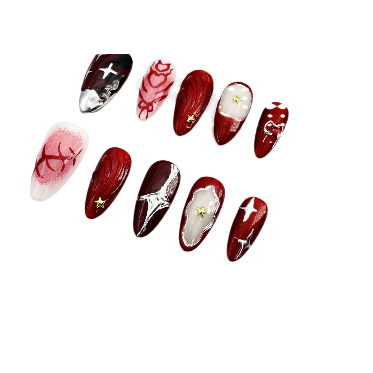 Red European and American style hand-painted temperament flash diamond pure hand-worn nail art patch overseas cross-border finished product wholesale