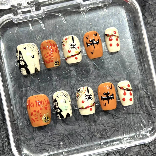 Halloween pure hand-painted wearing nail film, advanced sense pure handmade nail patch, cross-border short wearing nail film factory