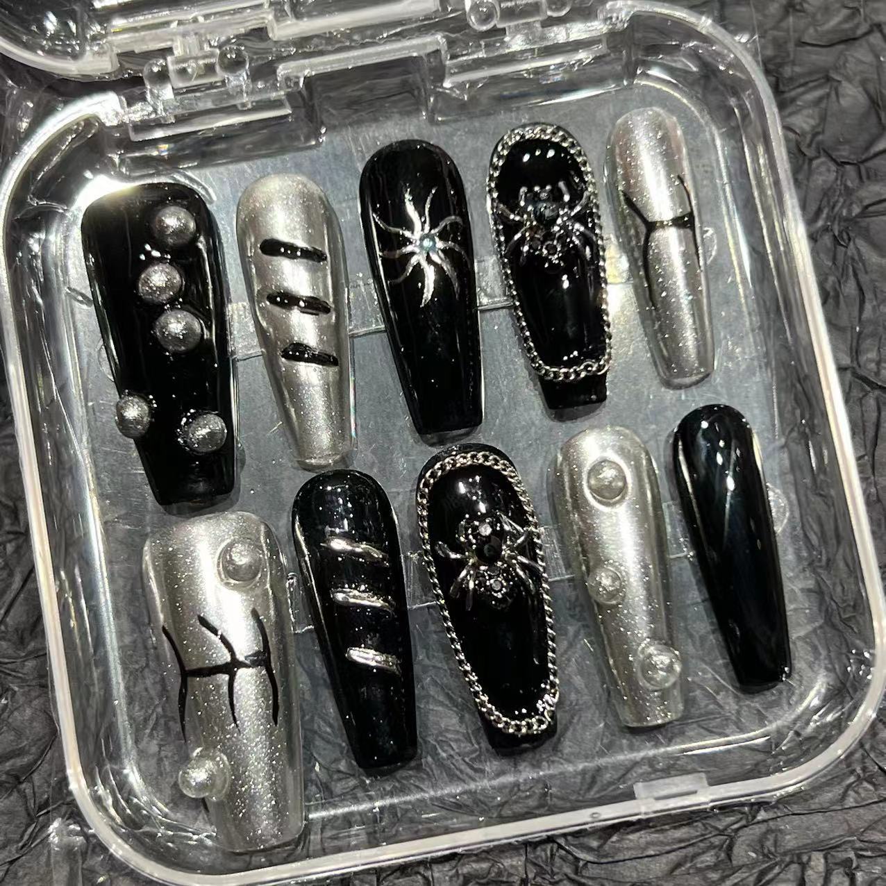 Cyberpunk metal style long hand-worn nail pads, high-end summer pure hand-painted nail patches cross-border