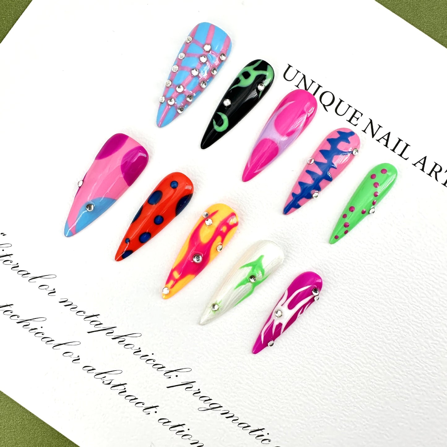 Pure hand-painted flame hand-worn nail pads, advanced sense, summer contrasting colors, long pointed cross-border handmade nail patches