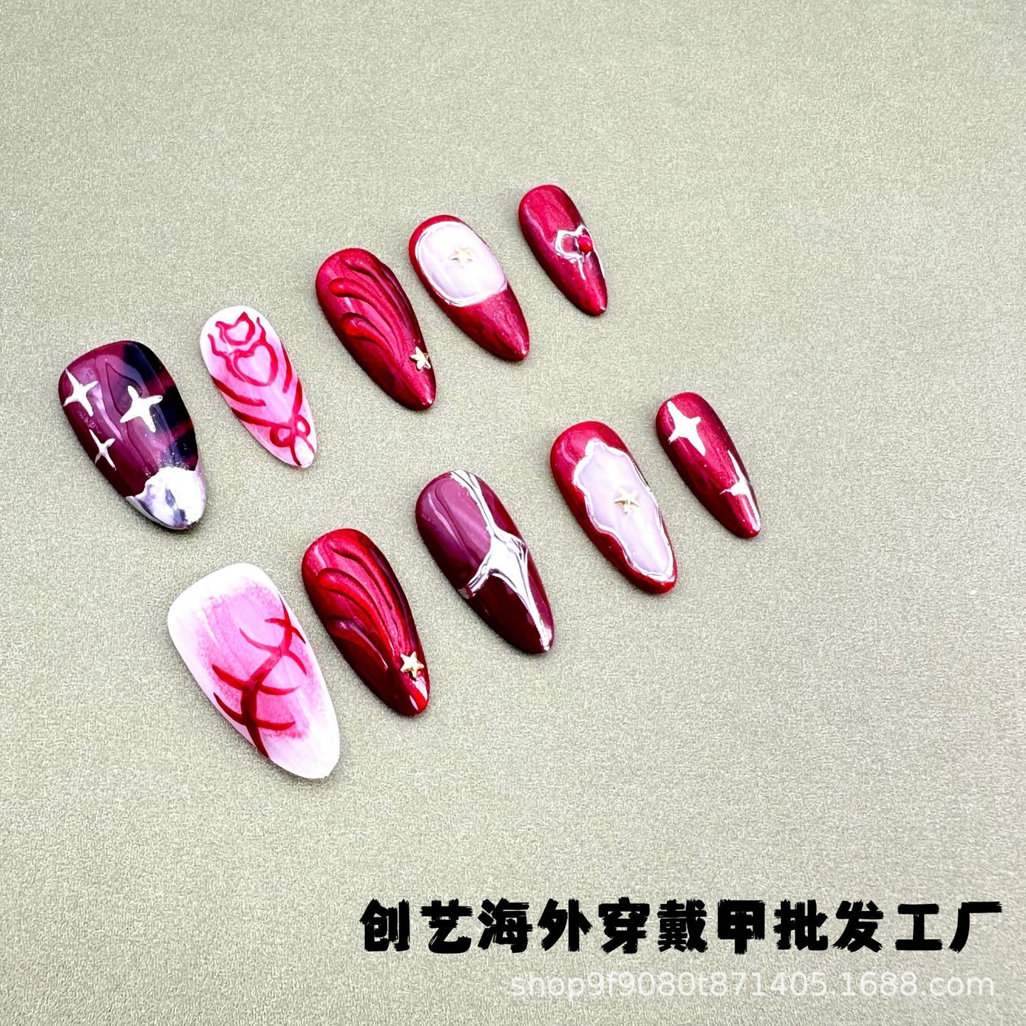 Red European and American style hand-painted temperament flash diamond pure hand-worn nail art patch overseas cross-border finished product wholesale