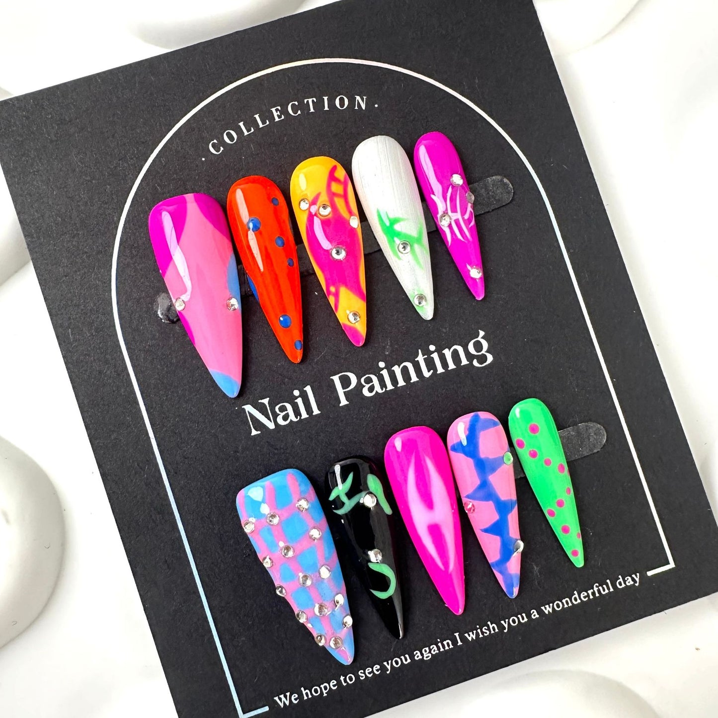 Pure hand-painted flame hand-worn nail pads, advanced sense, summer contrasting colors, long pointed cross-border handmade nail patches