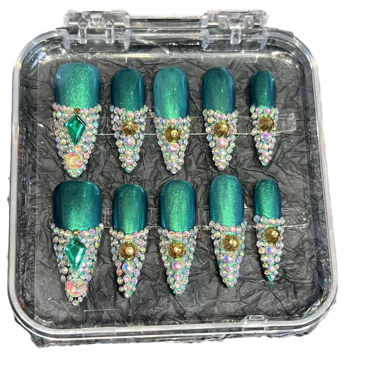 Dark green dazzling diamond almond nail pure hand-worn nail piece nail art patch advanced sense summer new overseas cross-border