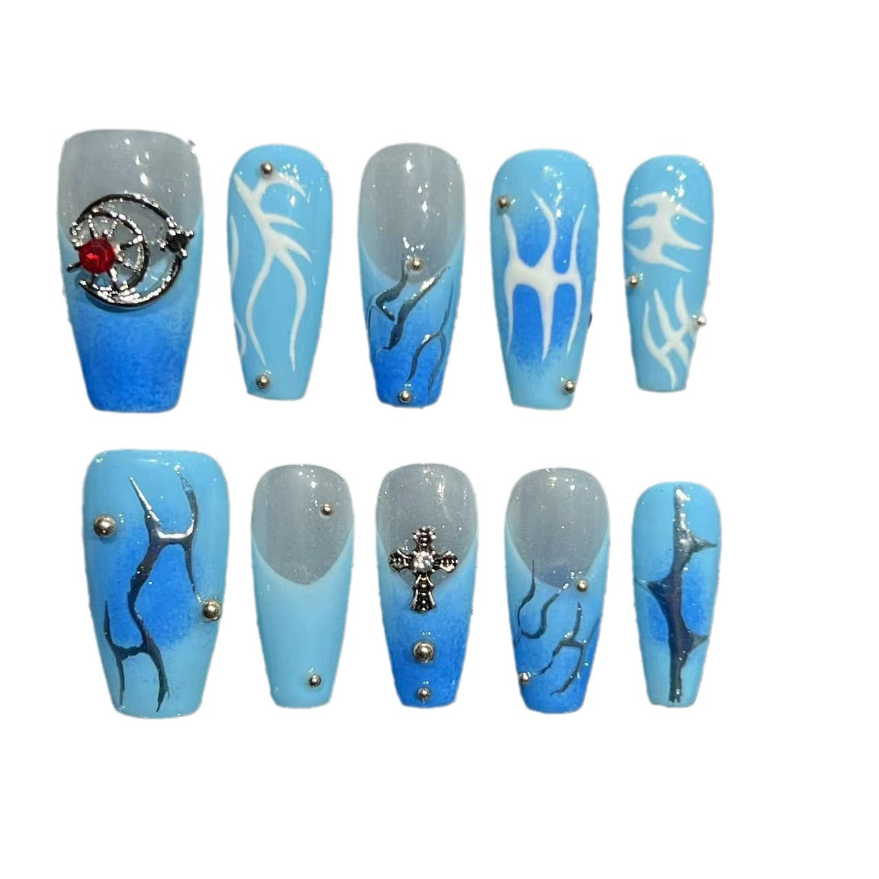 Blue hand-painted flame model, European, American medium and short models, cross-border factory straight hair, hand-worn nail patch