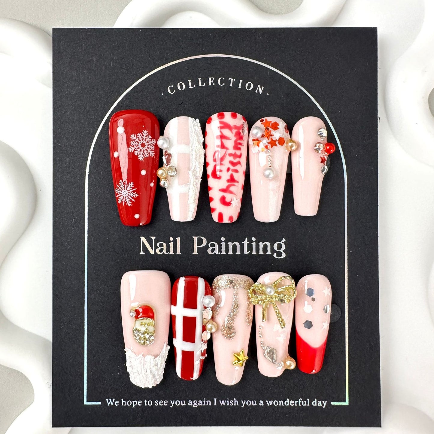 Christmas hand-painted wearing nail pads medium and long T-shaped cross-border European and American handmade nail patches wholesale advanced sense