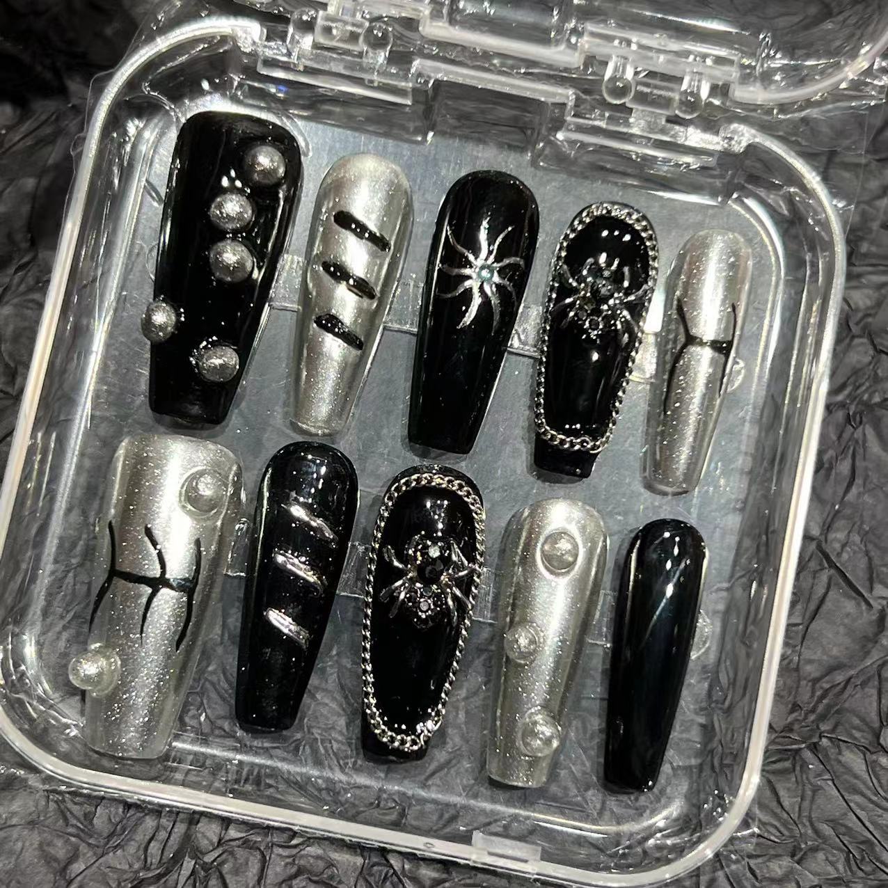 Cyberpunk metal style long hand-worn nail pads, high-end summer pure hand-painted nail patches cross-border