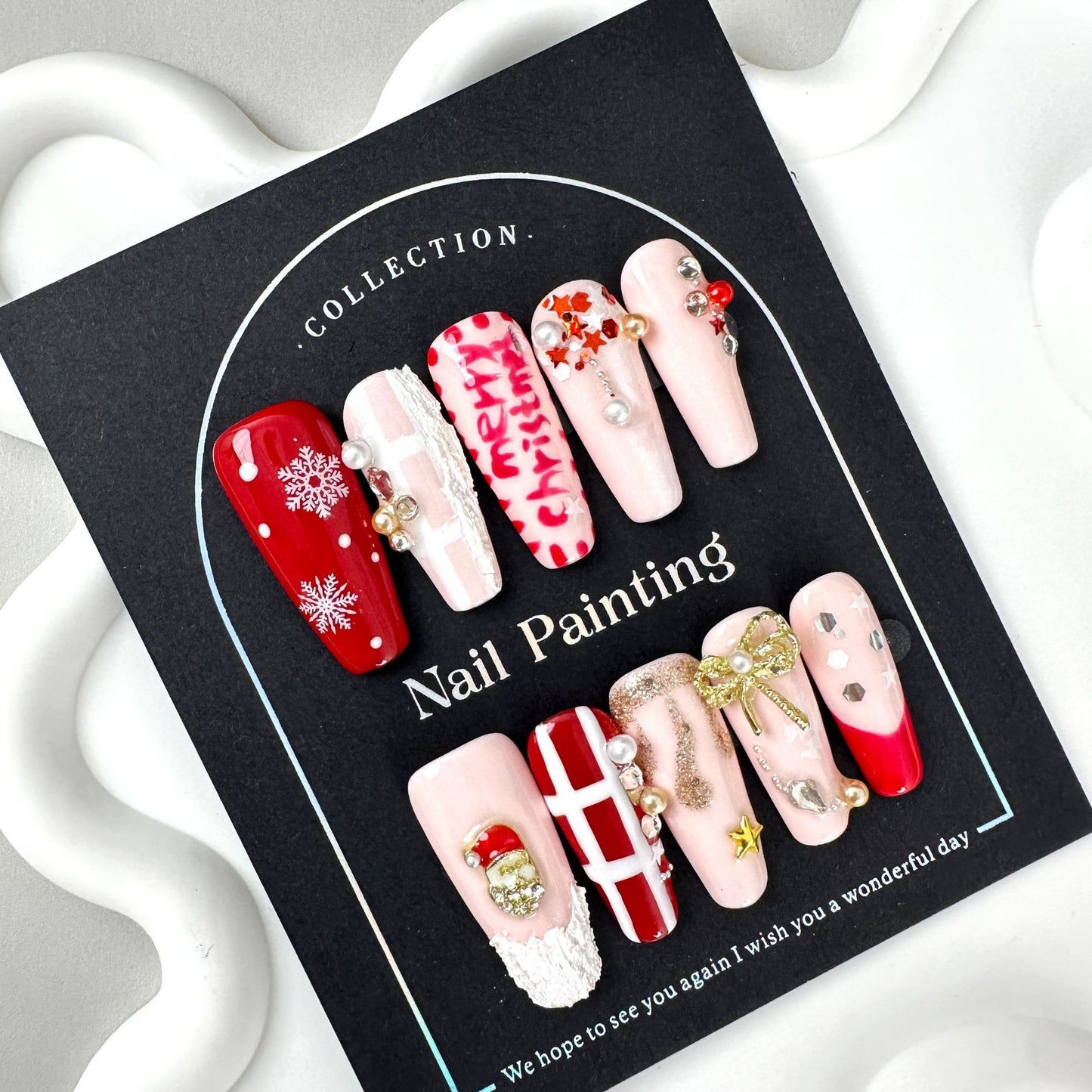 Christmas hand-painted wearing nail pads medium and long T-shaped cross-border European and American handmade nail patches wholesale advanced sense