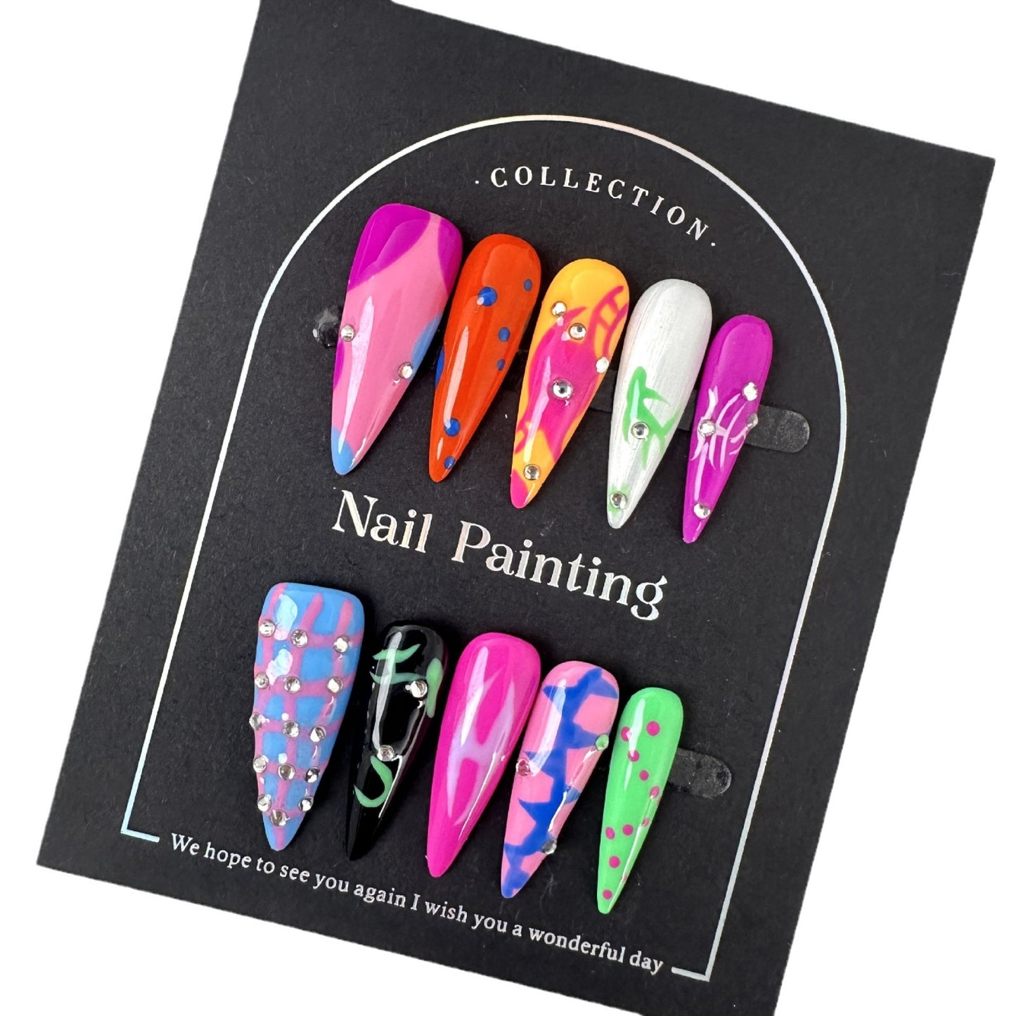 Pure hand-painted flame hand-worn nail pads, advanced sense, summer contrasting colors, long pointed cross-border handmade nail patches