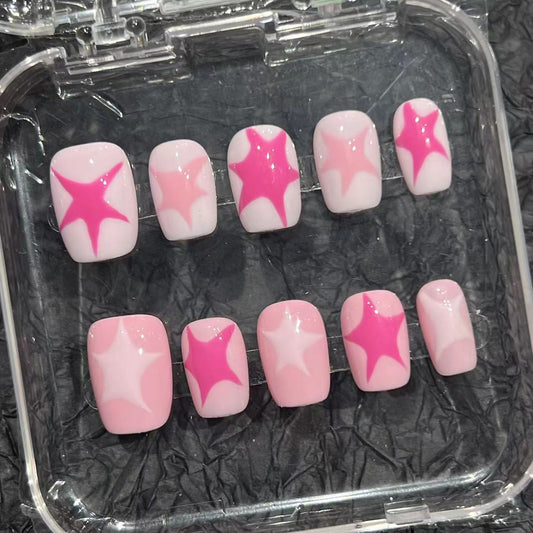 Hand-painted crooked star rose powder collision color pure hand-painted wearing nail piece handmade nail patch cross-border