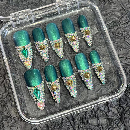 Dark green dazzling diamond almond nail pure hand-worn nail piece nail art patch advanced sense summer new overseas cross-border