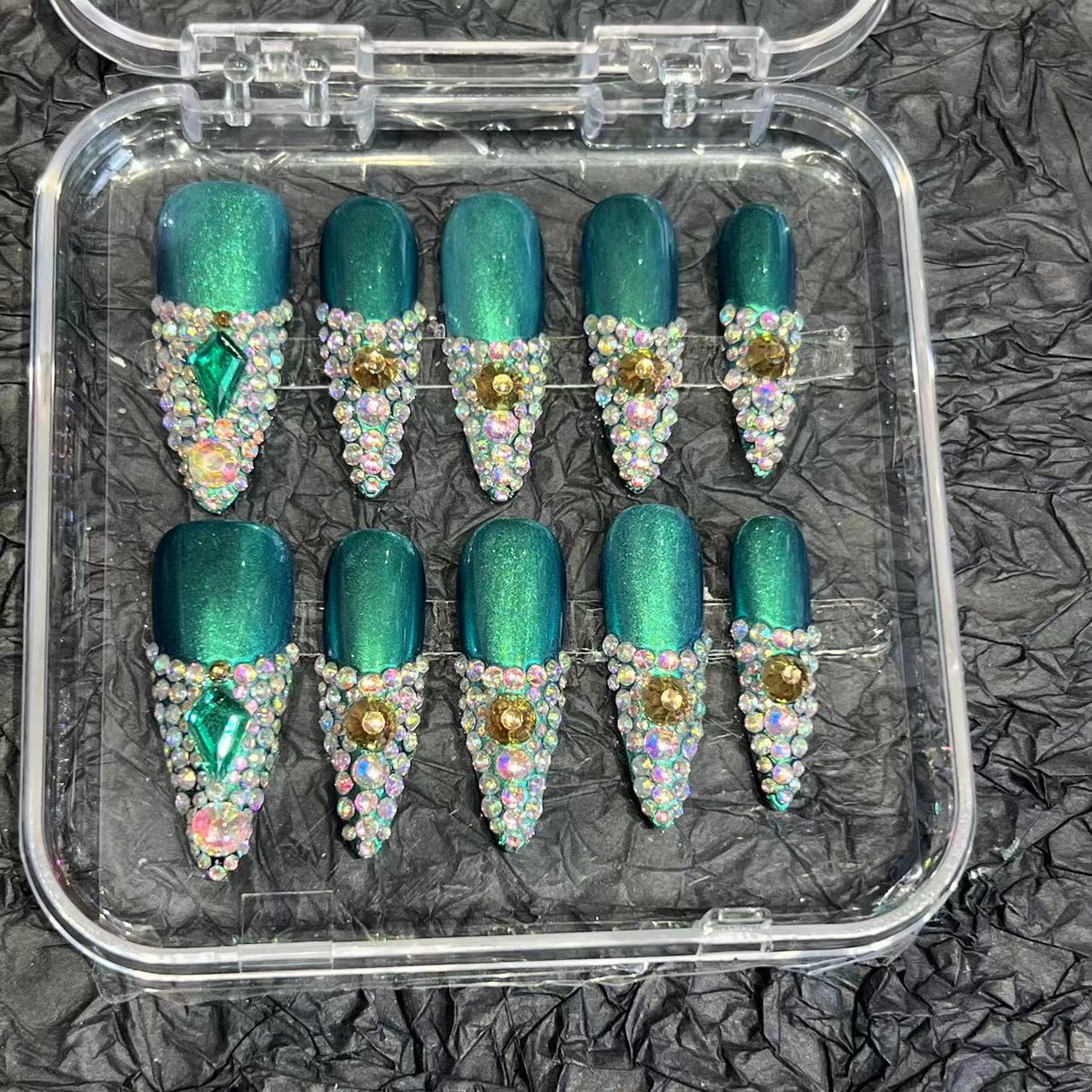 Dark green dazzling diamond almond nail pure hand-worn nail piece nail art patch advanced sense summer new overseas cross-border