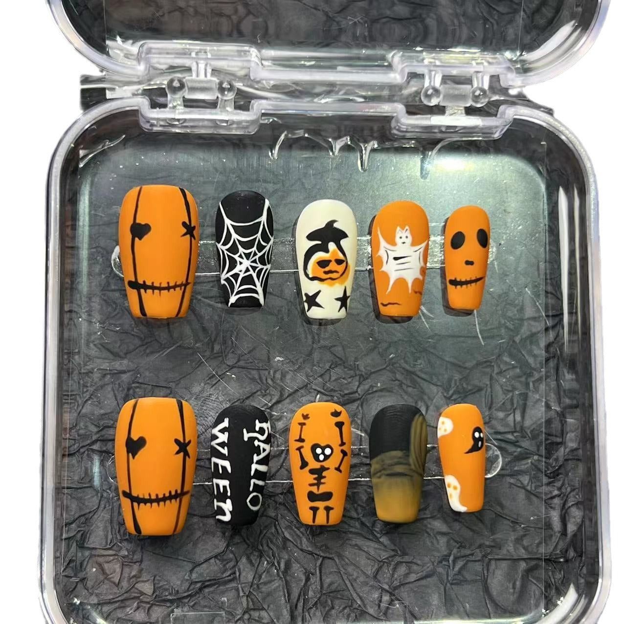 Halloween fully hand-painted pumpkin bats, European and American cross-border wearing nail pads, high-end pure handmade nail patches