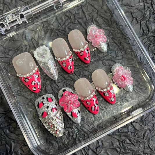 Contrasting Leopard Print Almond Nail Art Patch Wearing Nail Patch Advanced Sense Summer European and American Cross-border Handmade Pure Summer