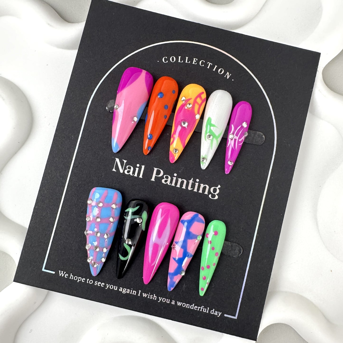 Pure hand-painted flame hand-worn nail pads, advanced sense, summer contrasting colors, long pointed cross-border handmade nail patches