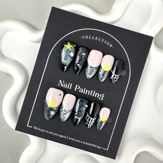 Chenxing night sky pure hand-painted manicure patch wearing nail piece advanced sense summer Europe and America cross-border straight hair pure summer