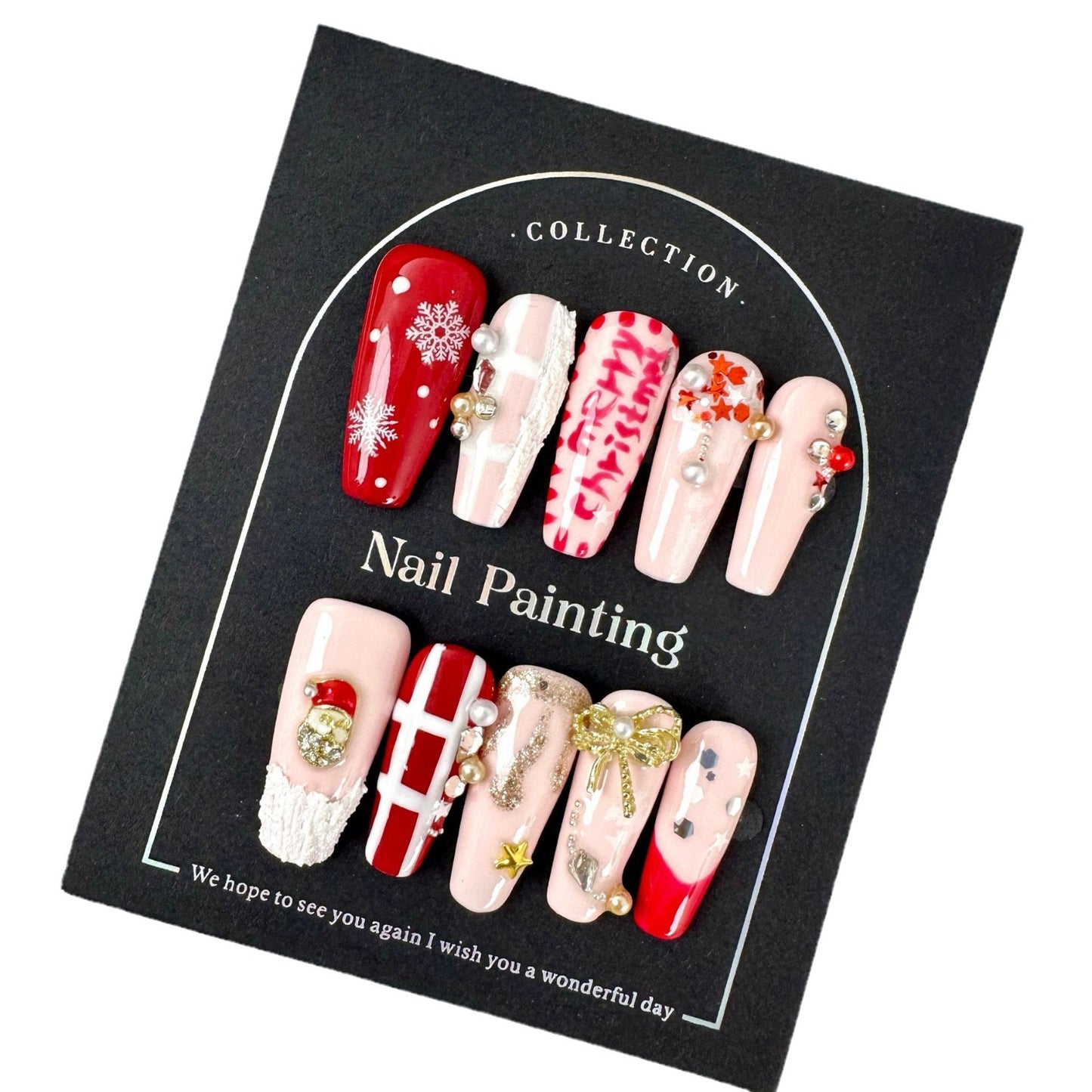 Christmas hand-painted wearing nail pads medium and long T-shaped cross-border European and American handmade nail patches wholesale advanced sense