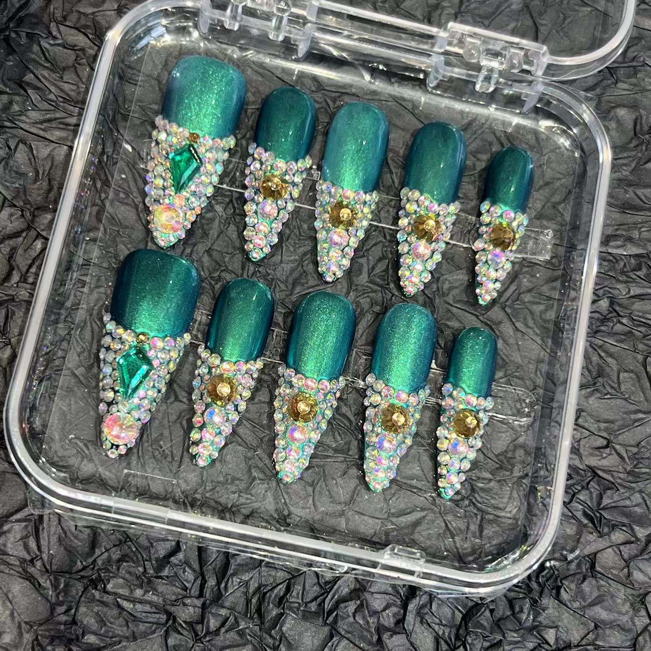 Dark green dazzling diamond almond nail pure hand-worn nail piece nail art patch advanced sense summer new overseas cross-border