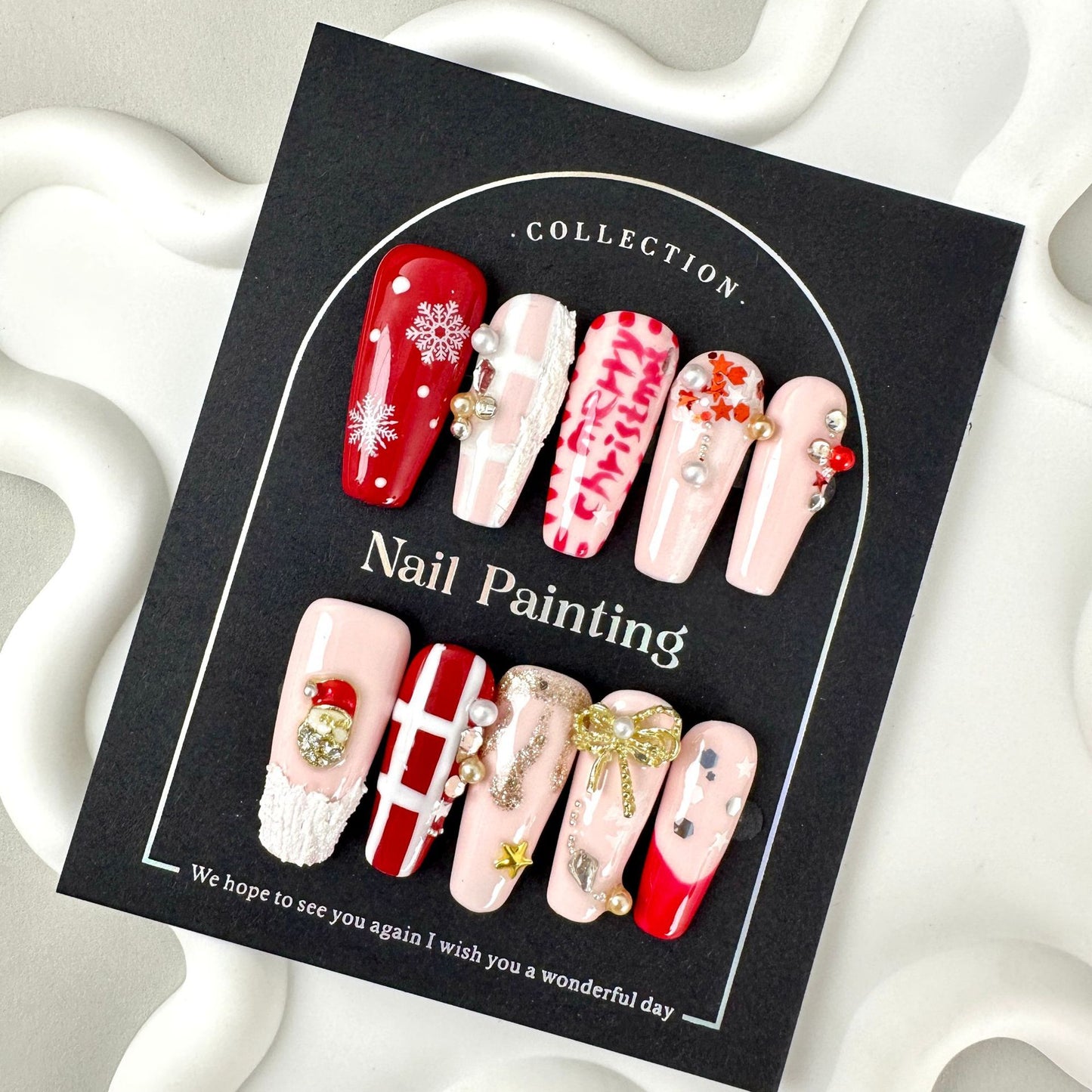 Christmas hand-painted wearing nail pads medium and long T-shaped cross-border European and American handmade nail patches wholesale advanced sense