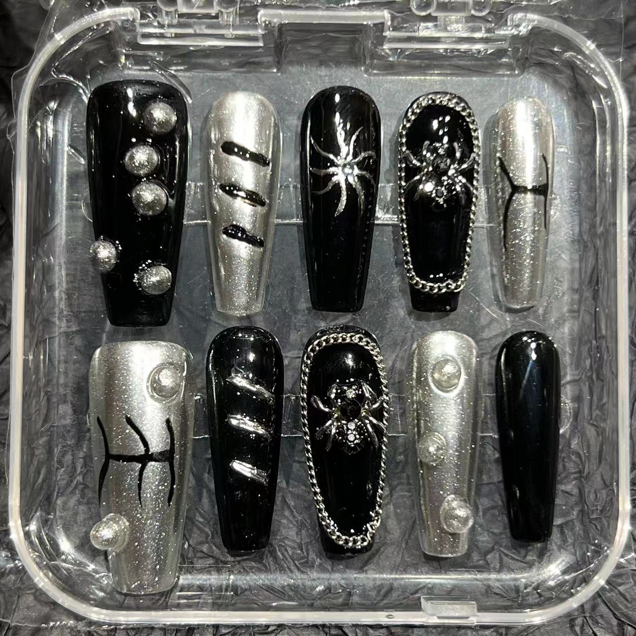 Cyberpunk metal style long hand-worn nail pads, high-end summer pure hand-painted nail patches cross-border