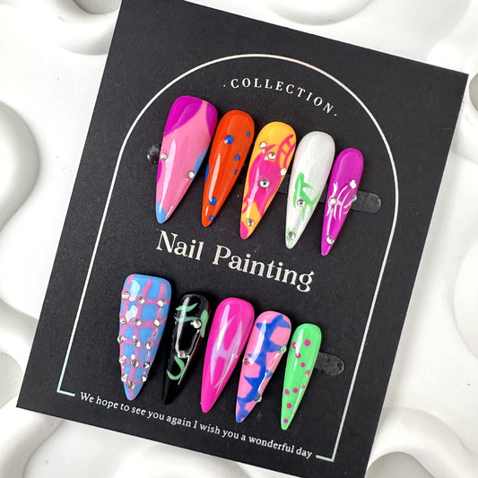 Pure hand-painted flame hand-worn nail pads, advanced sense, summer contrasting colors, long pointed cross-border handmade nail patches