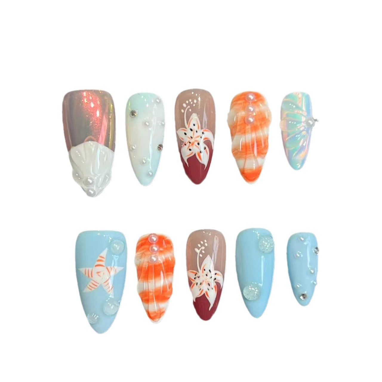 Sunset Shell Nail Patch Wearing Nail Patch Advanced Sense Summer European and American Cross-border Straight Hair Handmade Pure Summer Hand-painted