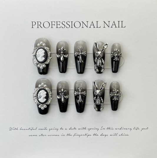 572 Black Rabbit style press on nails 100% handmade false nails black