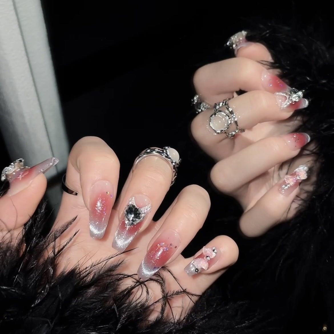 1150 Pink French Cat's Eye Rhinestone Effect press on nails 100% handmade false nails