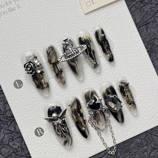 1289 Ketting zwarte stijl pers op nagels 100% handgemaakte kunstnagels zwart zilver