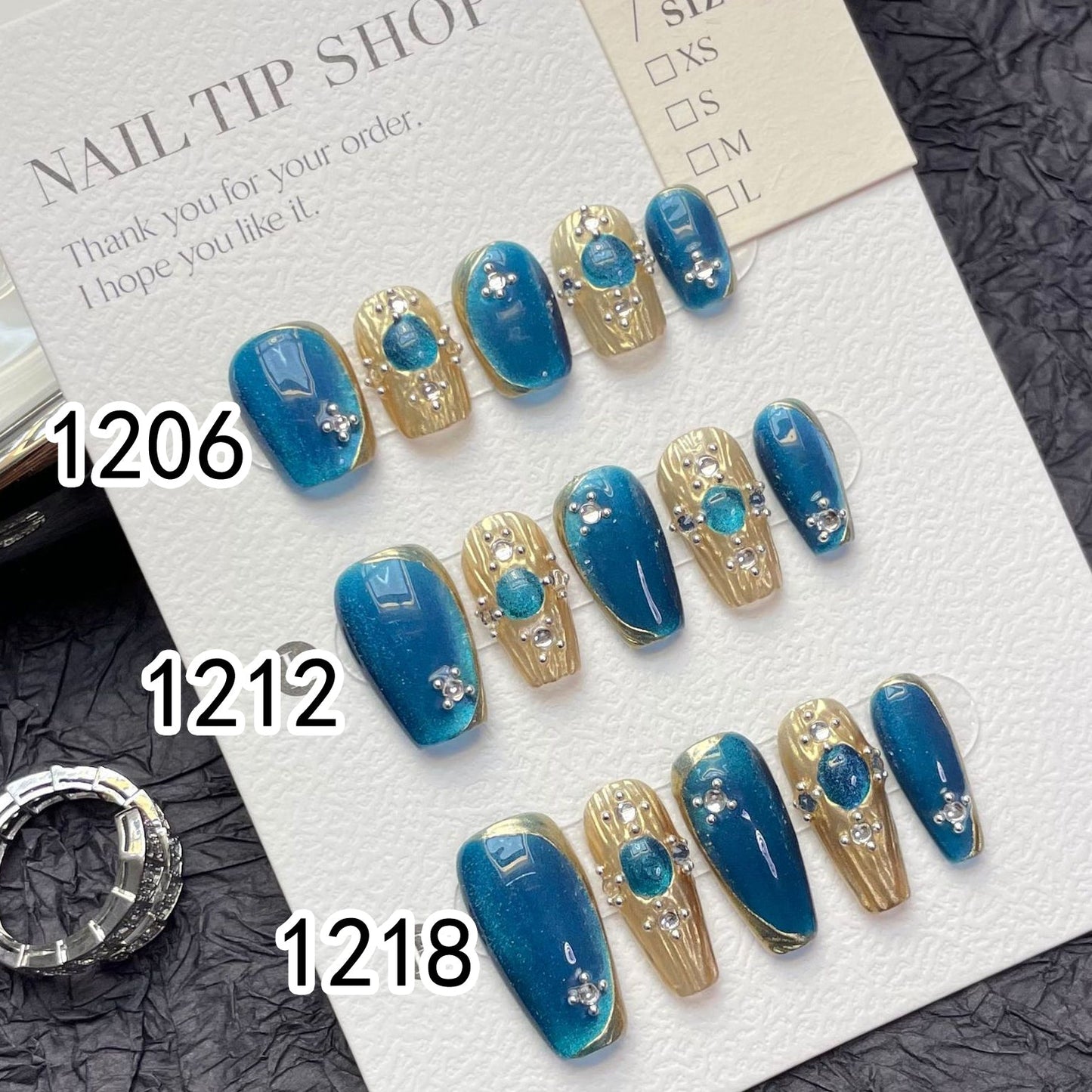 1206/1212/1218 style Buchelati effet CatEye presse sur ongles 100% faux ongles faits à la main bleu doré