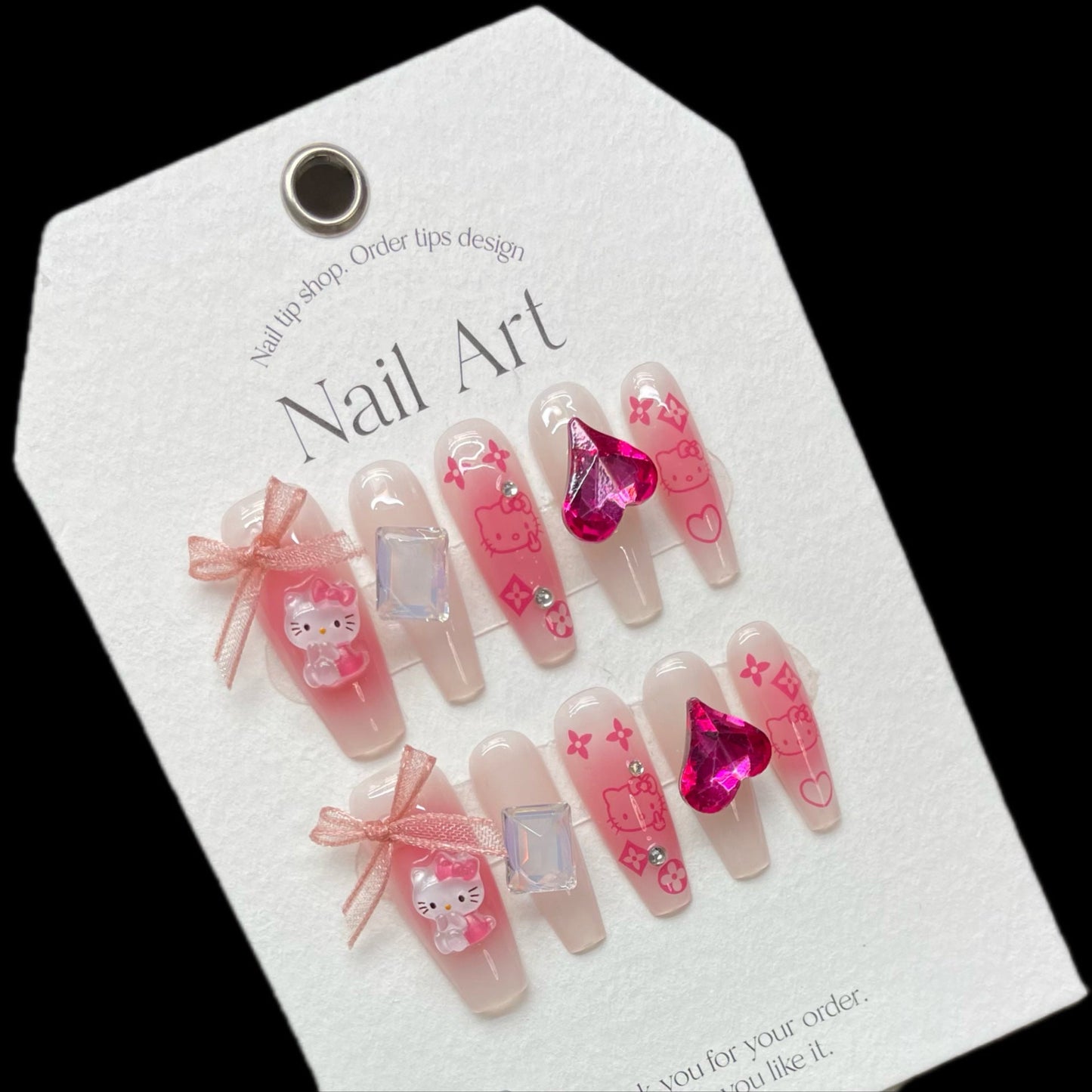 1056/1061 Presse style chat rose sur ongles 100% faux ongles faits main rose