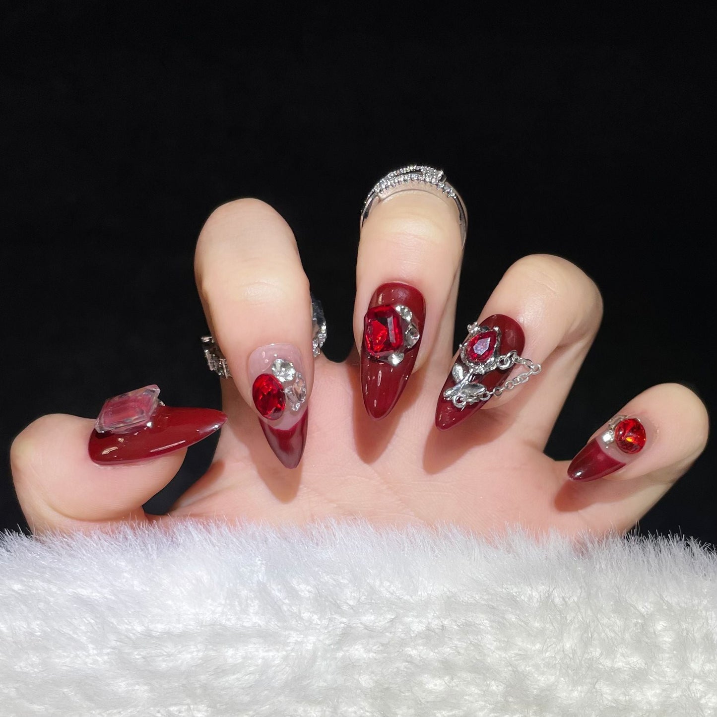 1283 Red rhinestone style press on nails 100% handmade false nails red