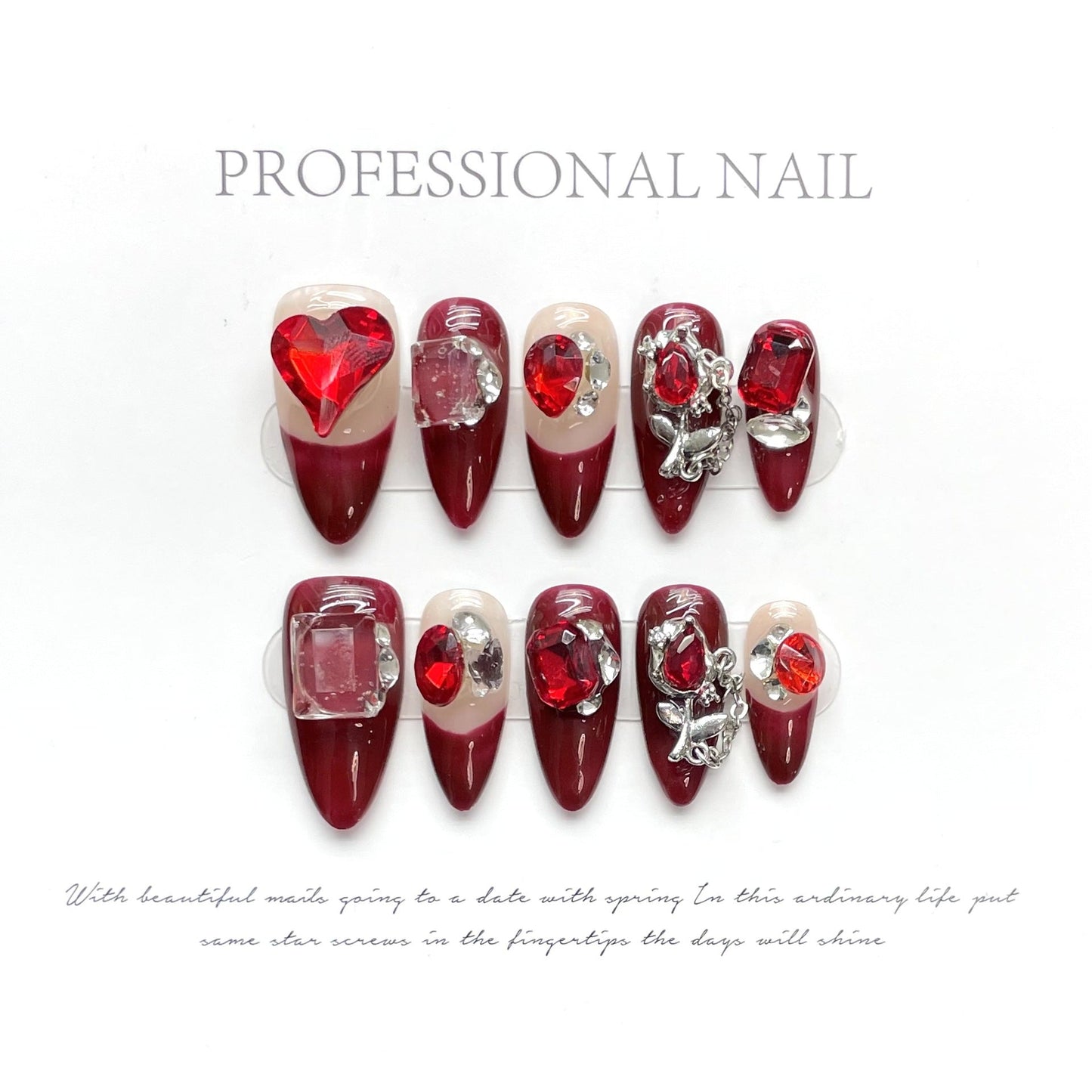 1283 Red rhinestone style press on nails 100% handmade false nails red