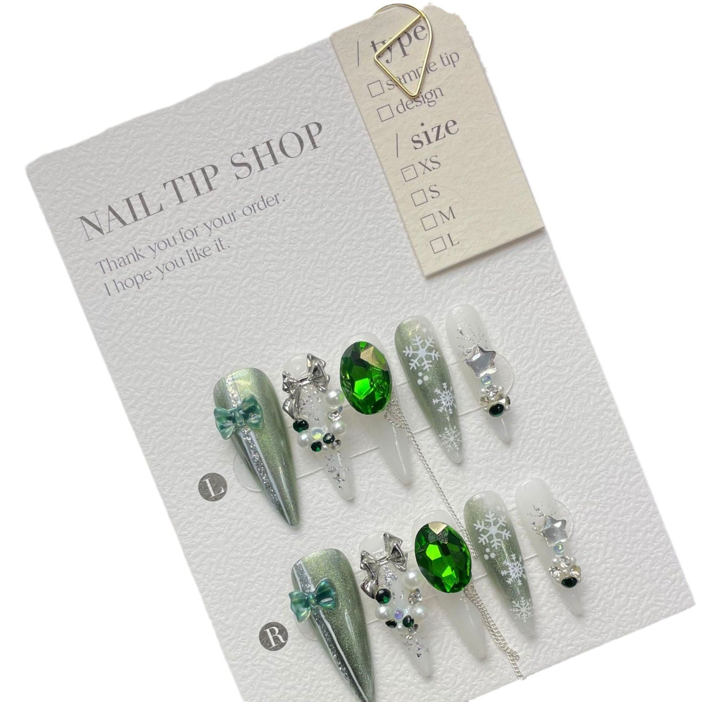1286 Winter snowflakes style press on nails 100% handmade false nails green white