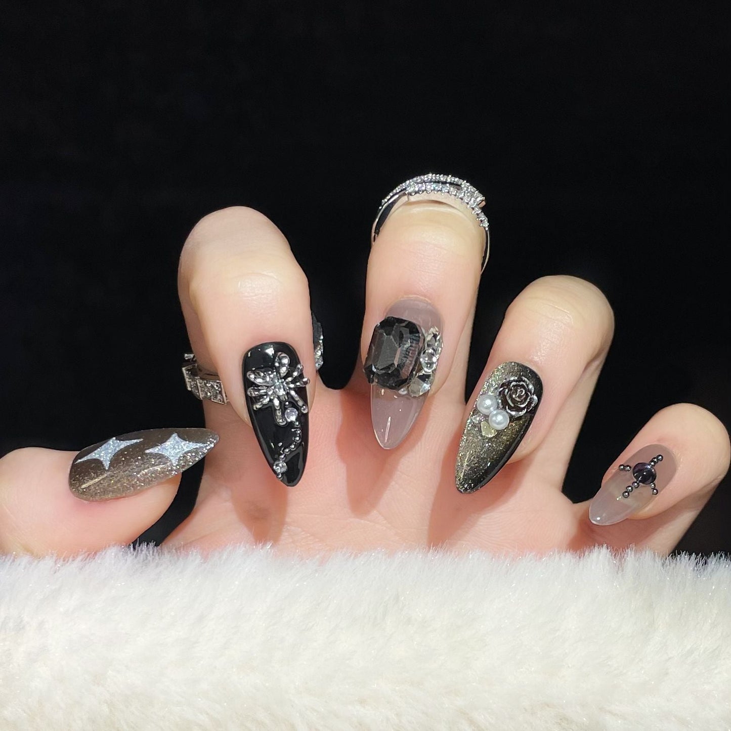 1294 Flower Cat's Eye style press on nails 100% handmade false nails black sliver