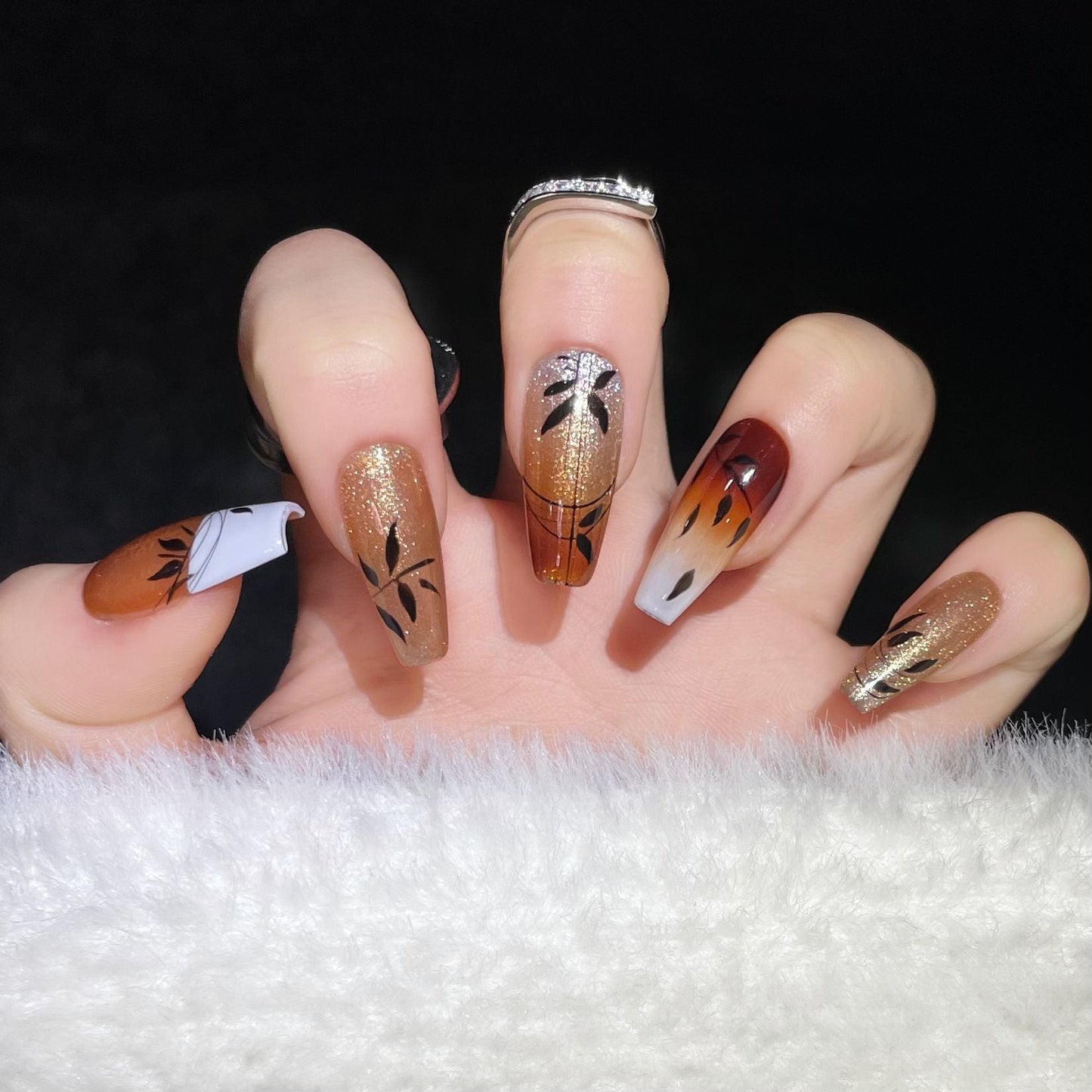 1299 French cat eye leaves style press on nails 100% handmade false nails nude color brown