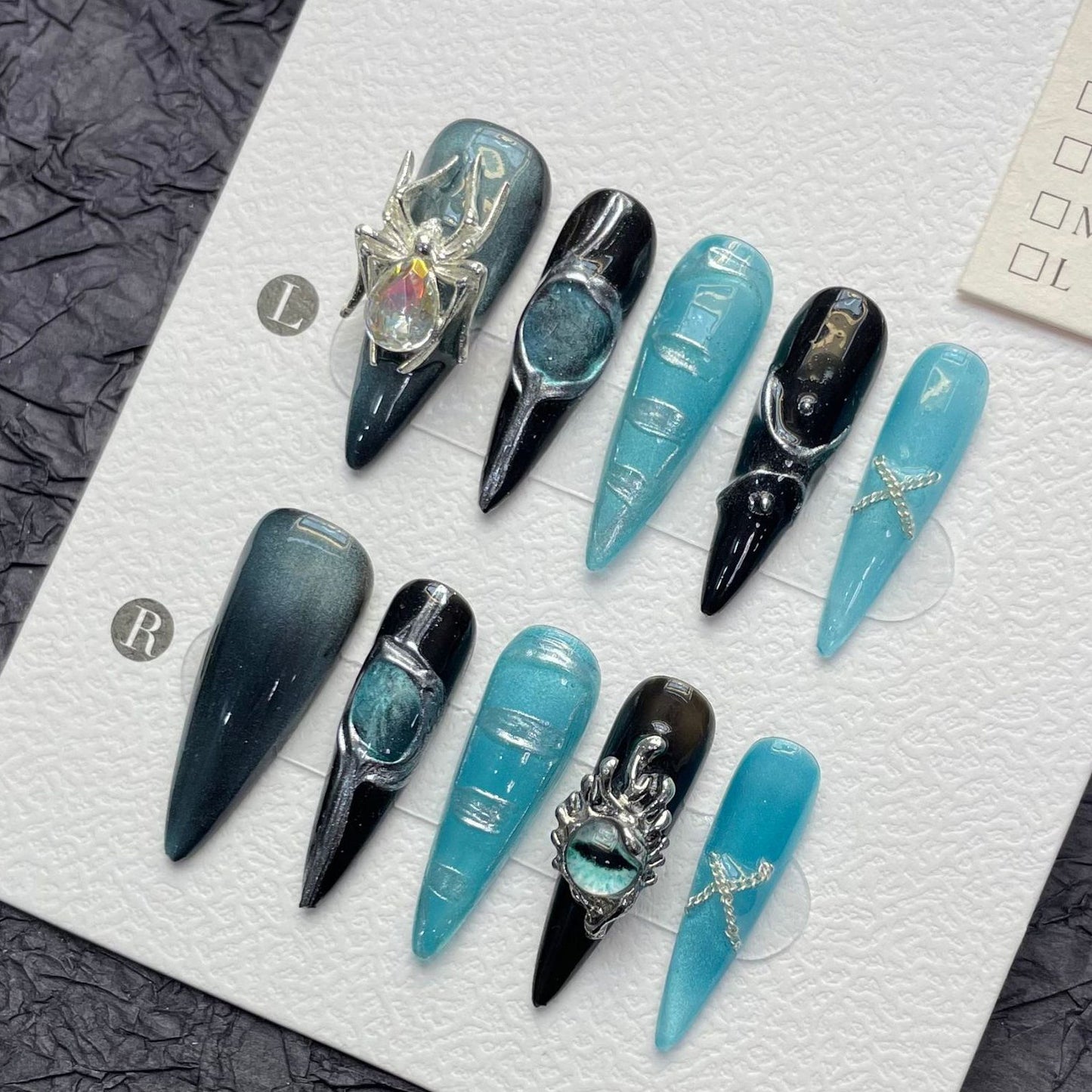 1302 Spider Cat's Eye style press on nails 100% handmade false nails black blue