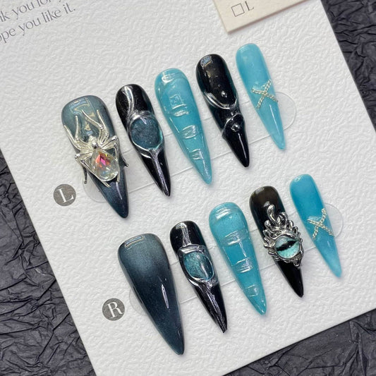 1302 Spider Cat's Eye style presse sur ongles 100% faux ongles faits à la main noir bleu
