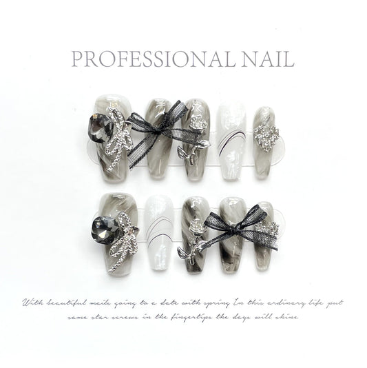 1303 Black Bow style press on nails 100% handmade false nails black sliver