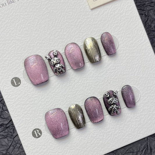 1309 Rabbit Purple Cat Eye style presse sur les ongles 100% faux ongles faits à la main violet