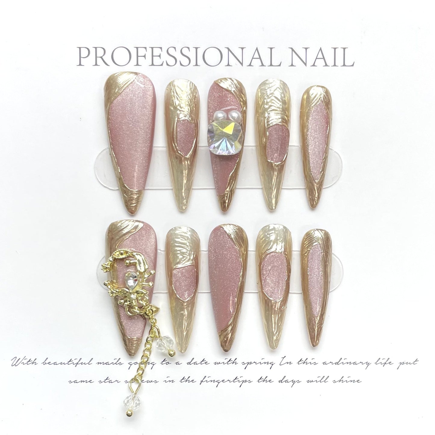 1314 Pink buccellati cat eyes style press on nails 100% handmade false nails pink