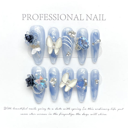 1316 Presse de style fleurs papillon bleu sur les ongles 100% faux ongles faits à la main bleu