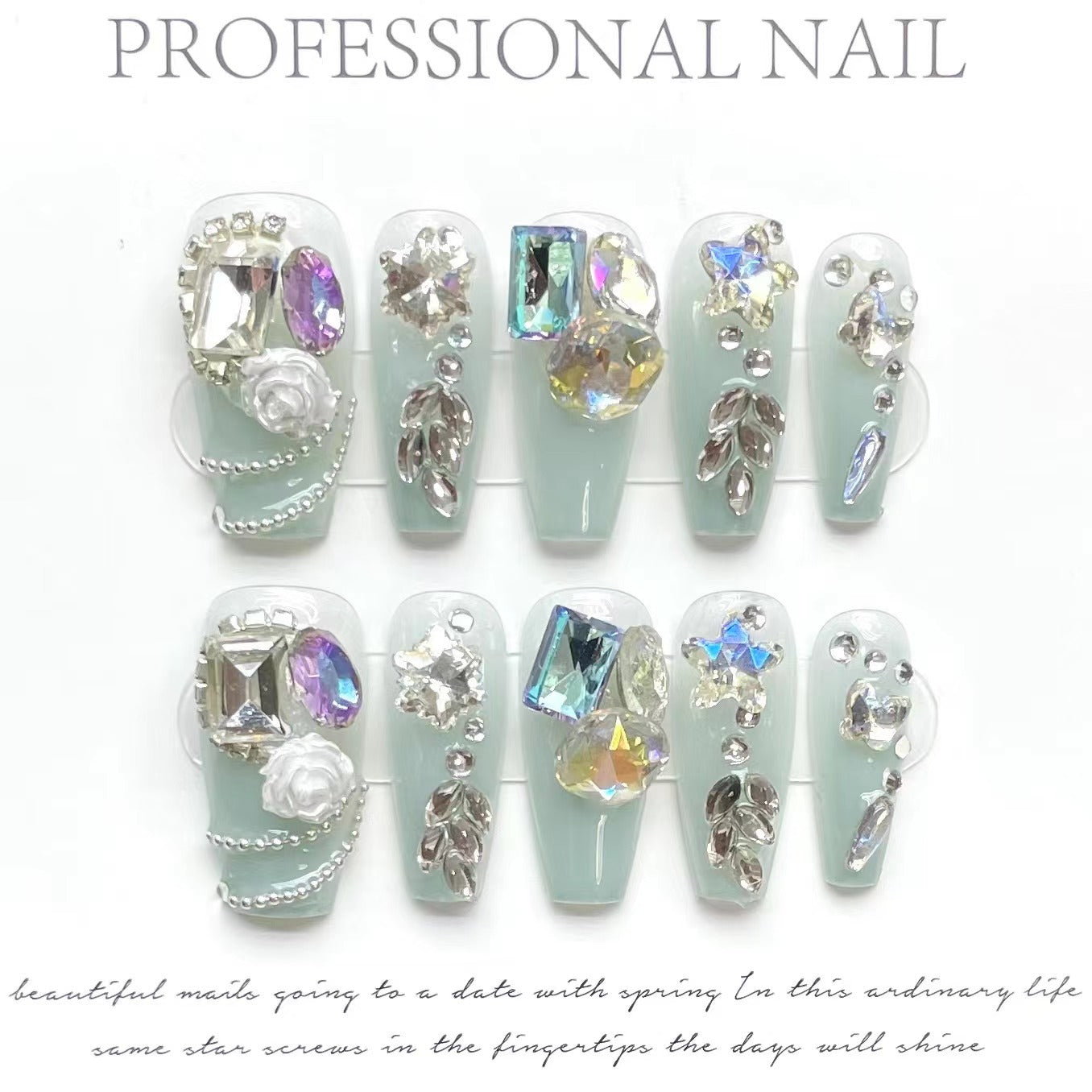 1329 Flash gem style presse sur ongles 100% faux ongles faits à la main bleu vert